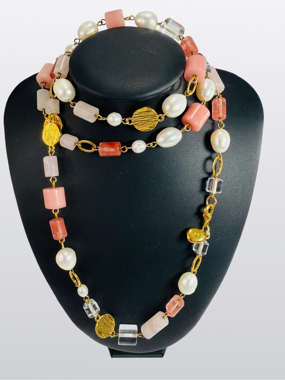 Lauren Ralph Lauren Gold Tone Pink Beaded Necklace Pearl Crystal Stones 34” EUC